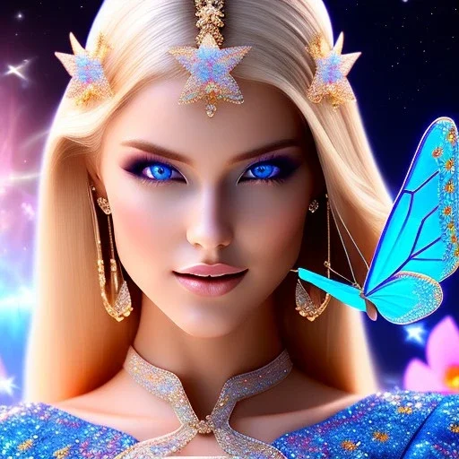 Full body Princess, sexy woman blondie, make up, beautiful smiling face,blue eyes, beautiful place,amazing, flowers, colors, blue and pink butterfly, realistic, photo real, stars night, detailed, high contrast, 8k high definition, unreal engine 5, extremely sharp detail, light effect, light background