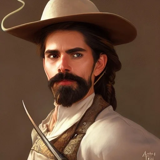 portrait,"Insanely detailed photograph of a male western mustachioed crossbowman", charo detailed, sequenced Sombrero, detailed held dagger, digital painting, artstation, concept art, smooth, sharp focus, illustration, art by artgerm and greg rutkowski and alphonse mucha, 8 k,fantasy, unreal engine