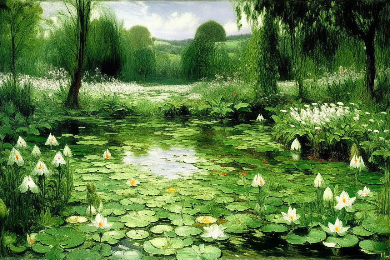 A spring green wetland with lilies designed in Mehndi design painted by Gustave Courbet