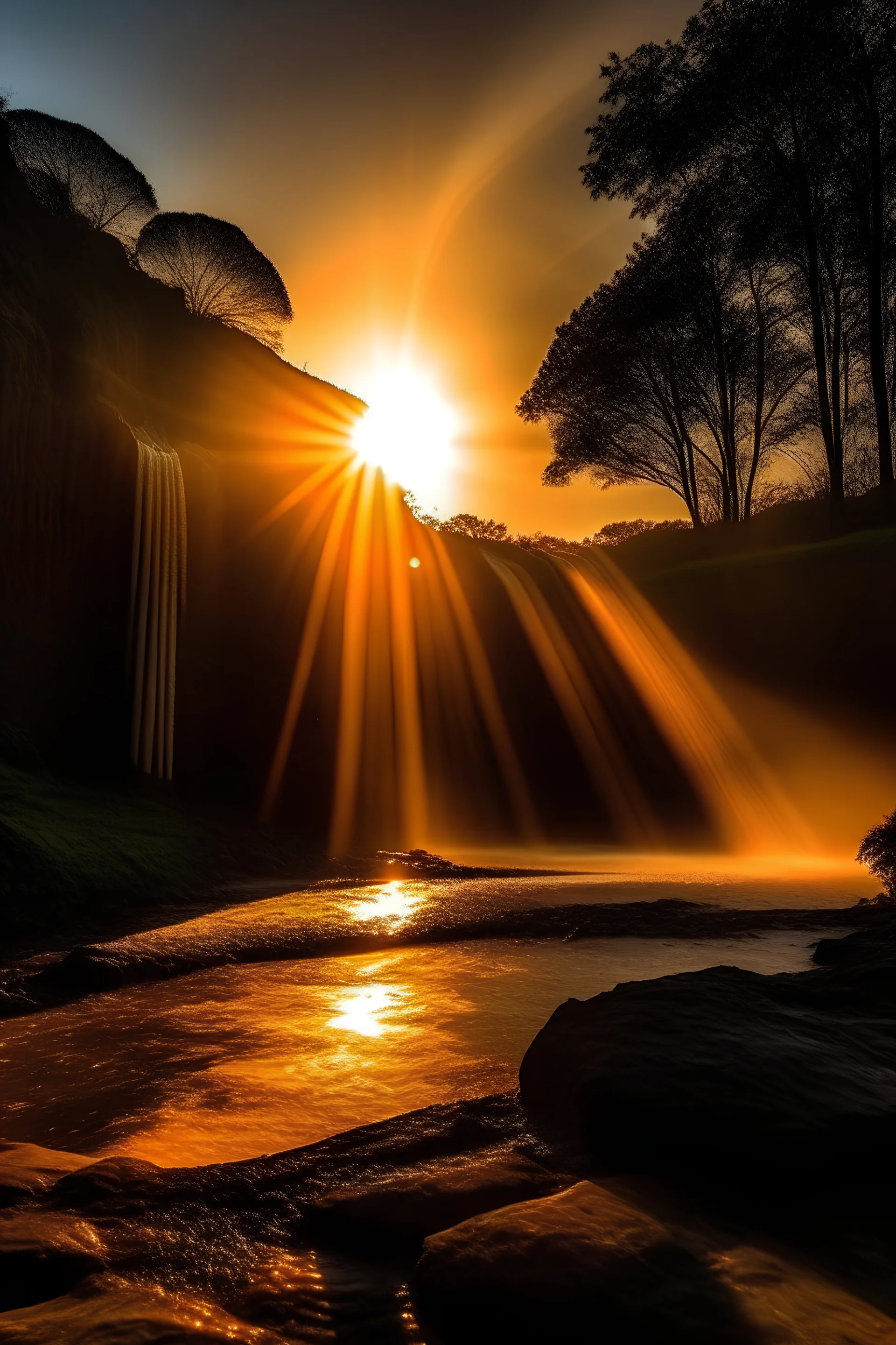 Imagen de un atardecer, donde se ve el sol detrás de una cascada