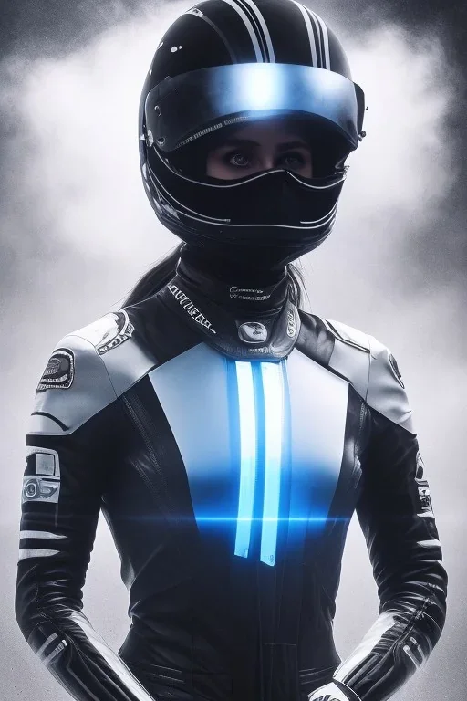 All Black racing suit AnnaSophia Robb, portrait, ghost mask, wearing high tech racing helmet, white smoke, dark, rage, sorrow, high definition, ultra 8 k, volumetric lighting, blue fire, fog