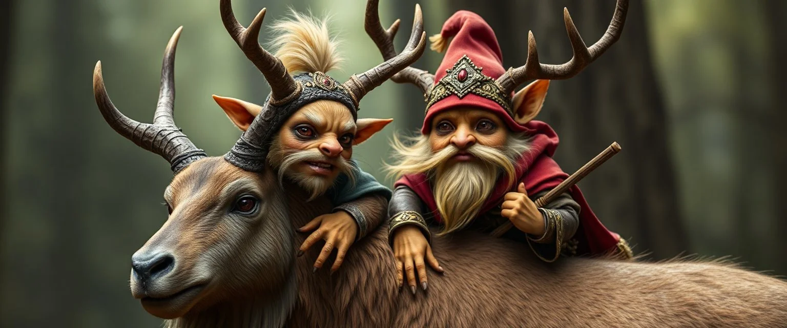 a gold ginger fluffy gnome female quickling kobold stag gremlin that looks like the opposite of a vampire in bunad leaning on an elk, holding his horns
