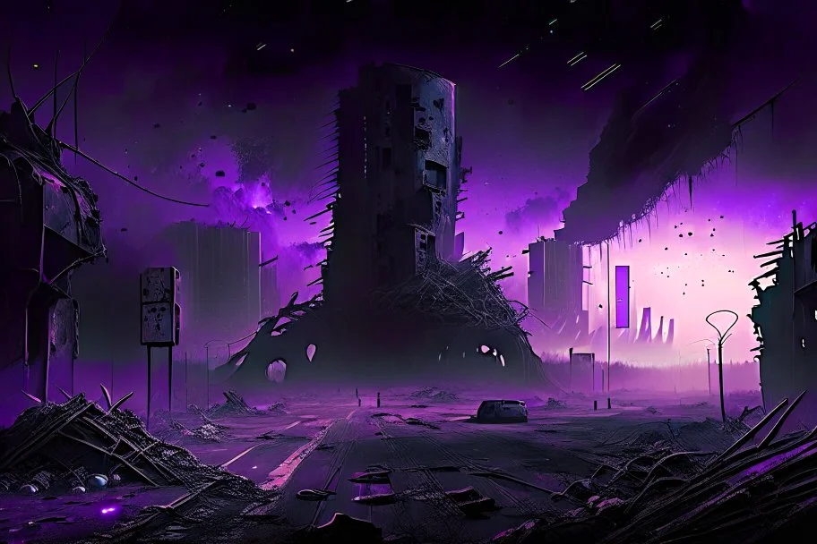 Destroyed City, Street View, Dense Purple Fog, Dead Soil, Broken Roads ,Black Night Sky, Stars, Space, Distant Alien Planets, Sci-fi Outpost, Large Walls and watchtower,