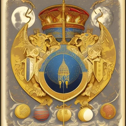 coat of arms of an arabian city featuring moons and hourglasses, very detailed