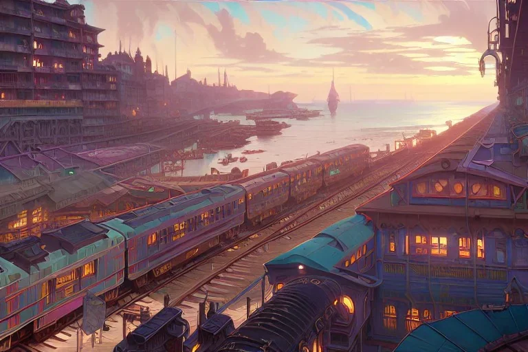 close up train+Elevated train+train+town on sea+sea+Italian colourful sea village +alphonse mucha, greg rutkowski,matte painting, cryengine, hyper detailed, felix kelly, fantasy art, seb mckinnon