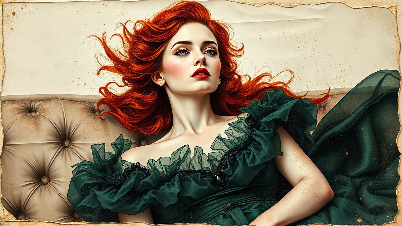 mixed media, multiple exposure, old worn torn plain canvas, grunge, layered, embossed, fine art luminous soft watercolor, glitter, mid-ground, luminosity, highlights, gold fragments, light effects, dark grey-green fragments, dot technique, portrait of Victorian Gothic woman on SOFA, Red hair, light Red lips, fluffiness, wind, airy dark GREEN flowing dress, Fur, swirls, layered, blending, textured, 3D, 8K, best quality, fine rendering, high detail, hyperrealism, high resolution, high definition,