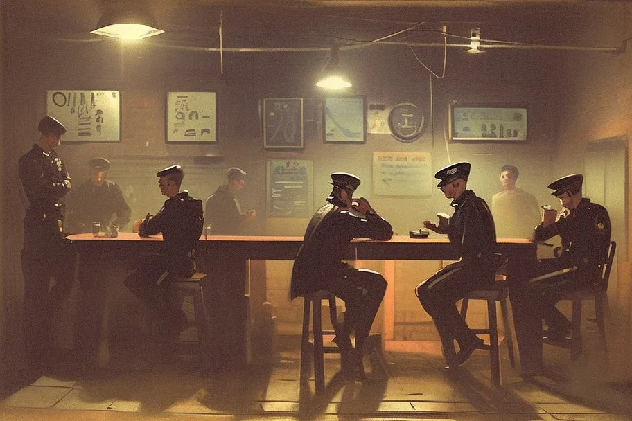 Smoky pub, cheerful young men drinking around a table, a policeman looking thoughtfully at the ID card of one of the boys, lamplight