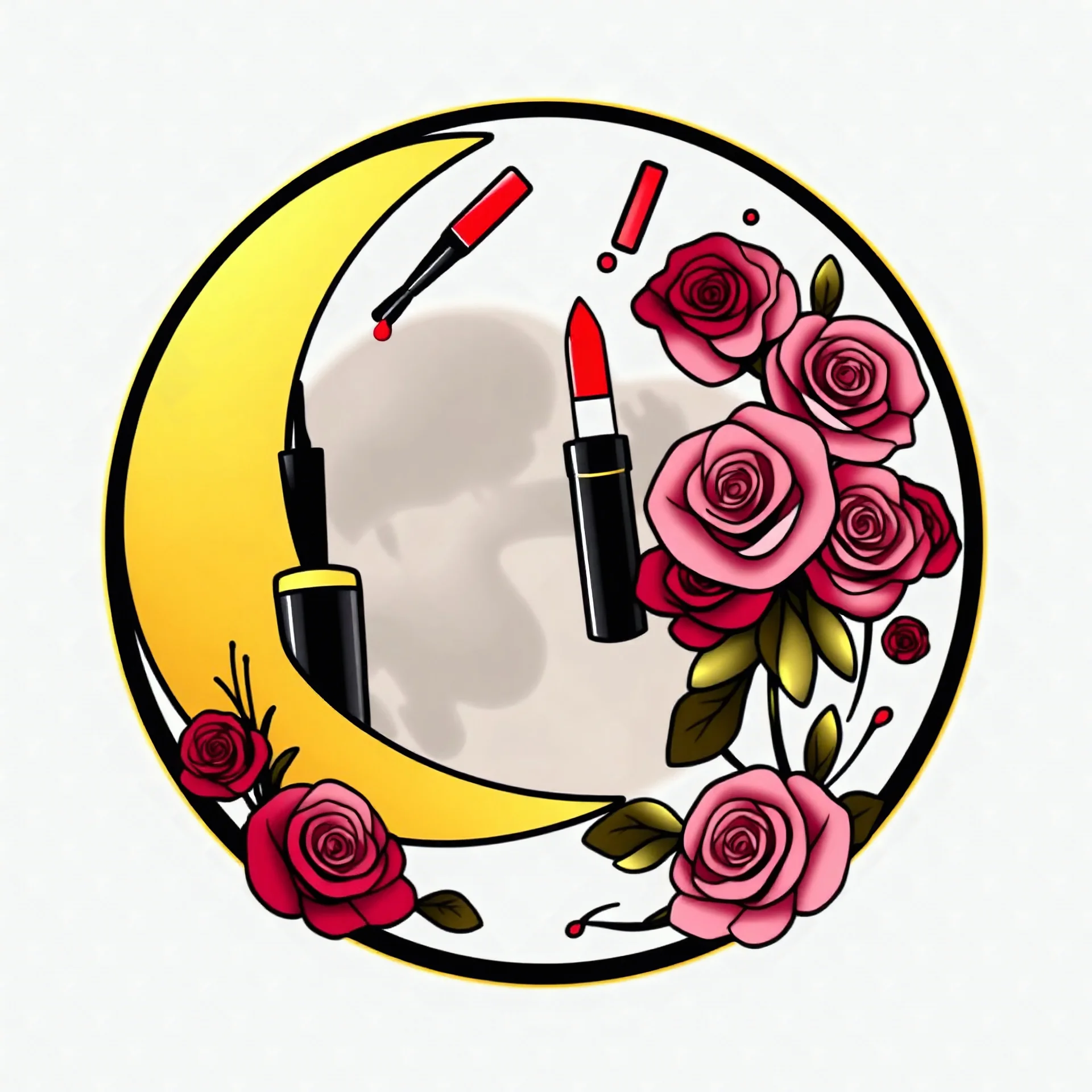 A circular logo designed for a cosmetics store with the symbol of the moon, which is decorated with cosmetics and nail polish, lipstick, body spray, and roses, and gold, black, red, pink, and red colors are used in it.