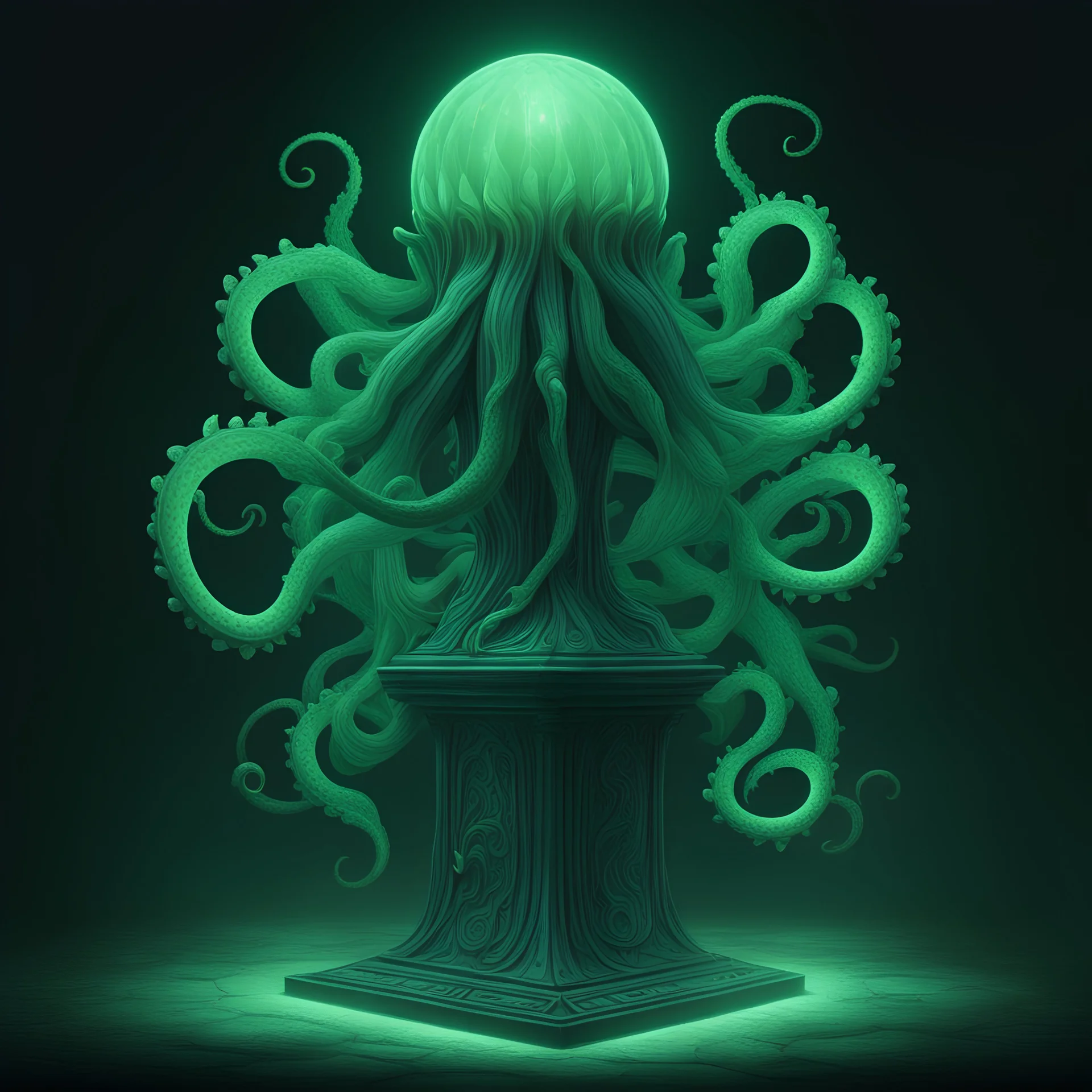 A Apocrypha Pedestal that glows eerie green and has tentacles moving and swaying and ready to ensnare in Naïve art style