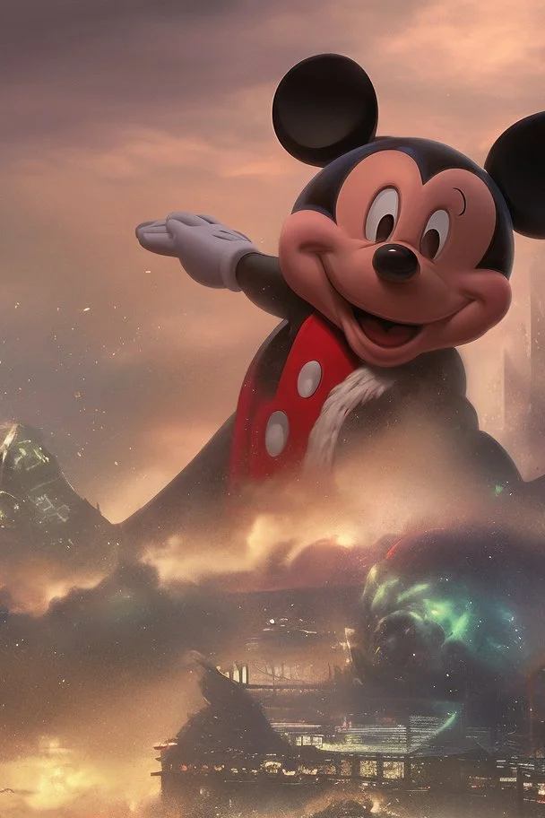 MICKEY MOUSE WITH ACCURATE EYES AS A HUGE GODZILLA DESTROYING BUILDINGS IN SOUTH AFFRICA, PHOTOREALISTIC 4K