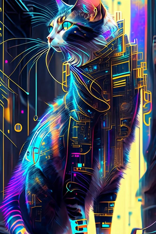 Ilustración lineal arte conceptual de un gato Calicó cyberpunk elegante, full body, hiperdetallada, increíble obra de arte, colores complementarios, maximalista