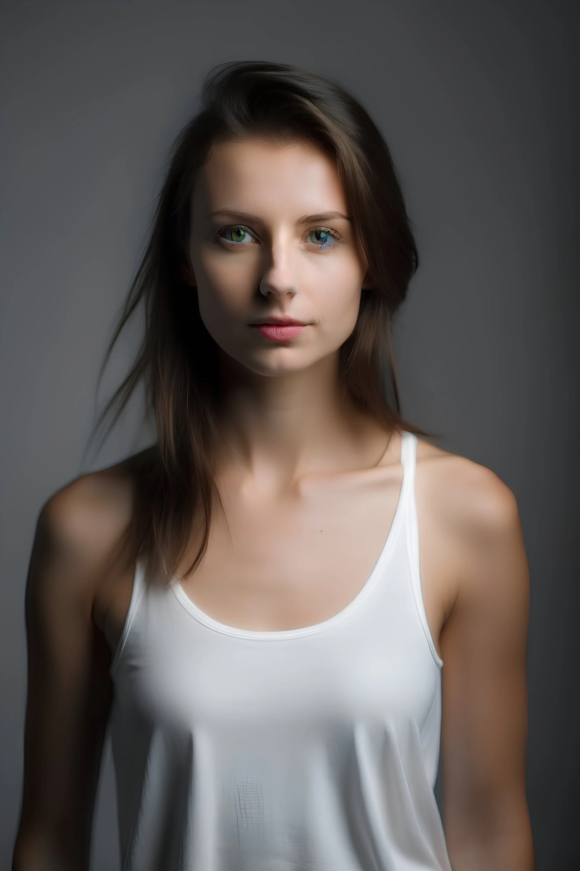 full frontal view of a cute brunette young woman wearing a white tank top