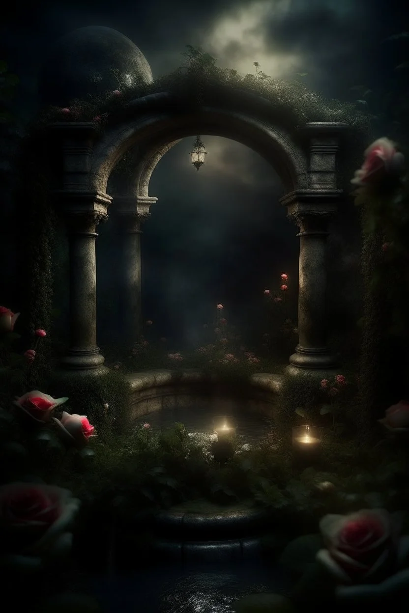 magical overgrown secret garden, roses, ivy, fountain, twilight, moon, stars dark tones, warm tones