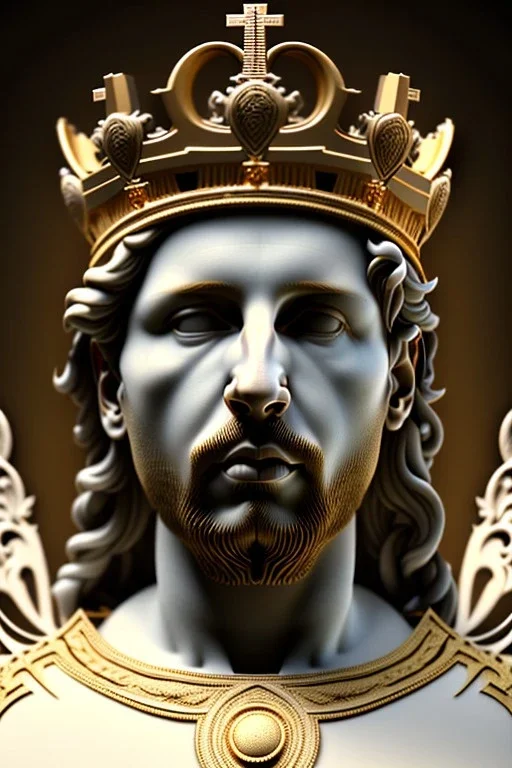 Ultra Realistic image, classical renaissance sculpture, white marble material, Lionel Messi, emperor style, gold Laurel leaves crown, chisel style, waist up portrait, epic, celestial, cinematic lighting, God light, god rays, 4k resolution, smooth details, ornate details, soft lighting, unreal engine 5, marble background.