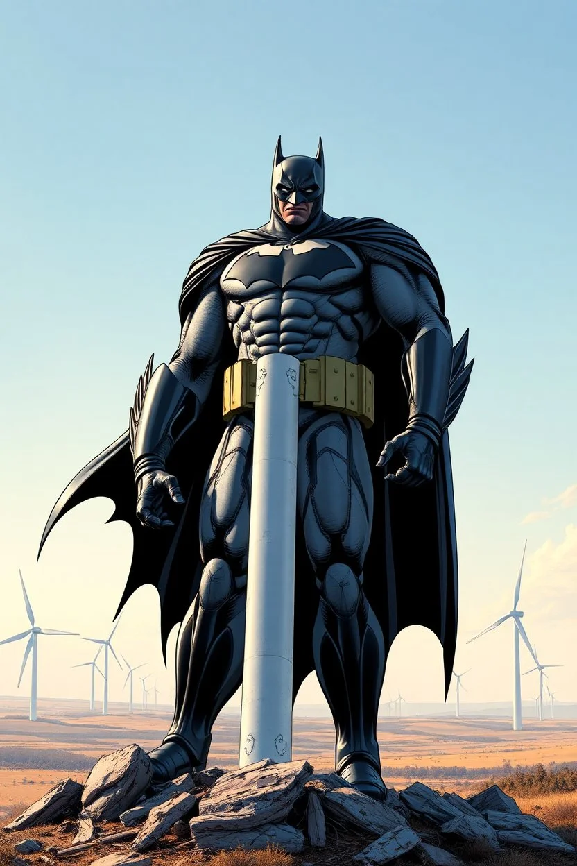 dc comics cover, giant batman holding an entire wind turbine, in the distance, wide view, wind farm in the background, very high quality, highly detailed, 4k