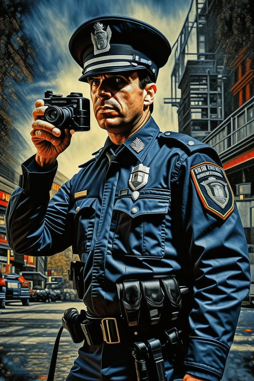 A movie poster of a police officer low to up camera shots in the style of oil painting