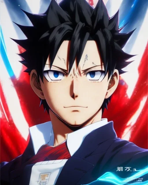 Detailed anime portrait of shoto from my hero academia, red and white hair split down the middle, blue suit, intricate details, full body portrait, keep head in frame, slight smile, black Japanese motif, concept art, highly detailed, digital painting, concept art, sharp focus, illustration, art by Yoji Shinkawa, WLOP and greg rutkowski and alphonse mucha and artgerm and yanjun Chen and Junji ito and Makoto Shinkai, HDR, octane render