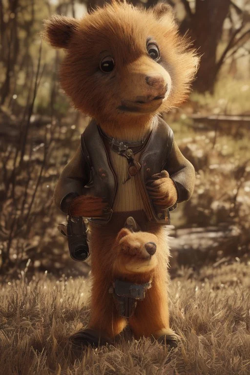 hi detail , gritty cartoon style cowboy bear squirrel , cute with long fur, bokeh like f/0.8, tilt-shift lens 8k, high detail, smooth render, down-light, unreal engine, prize winning, in the style of fallout 4 and gta 4