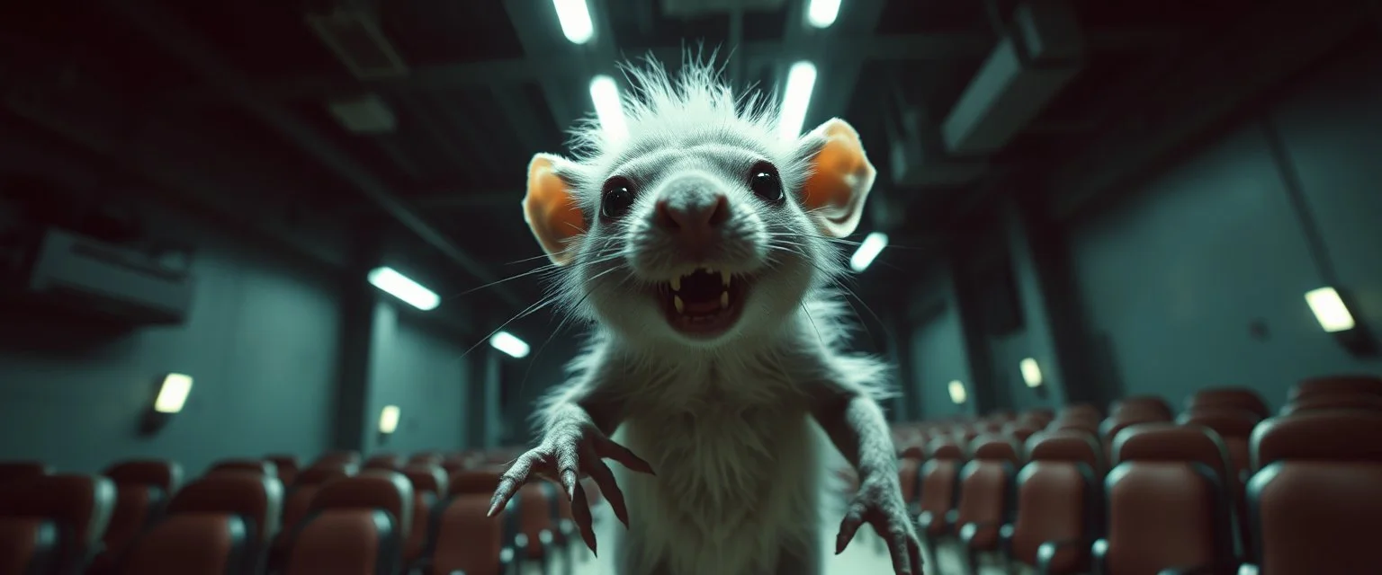 fluffy rat elf vampire scumbag in the cinema the style of Escher and Giger and Fallout 4, pinhole cam, airbrush 3d rendering, on tv screen:A five-second cinematic single take in a clean industrial presentation hall.