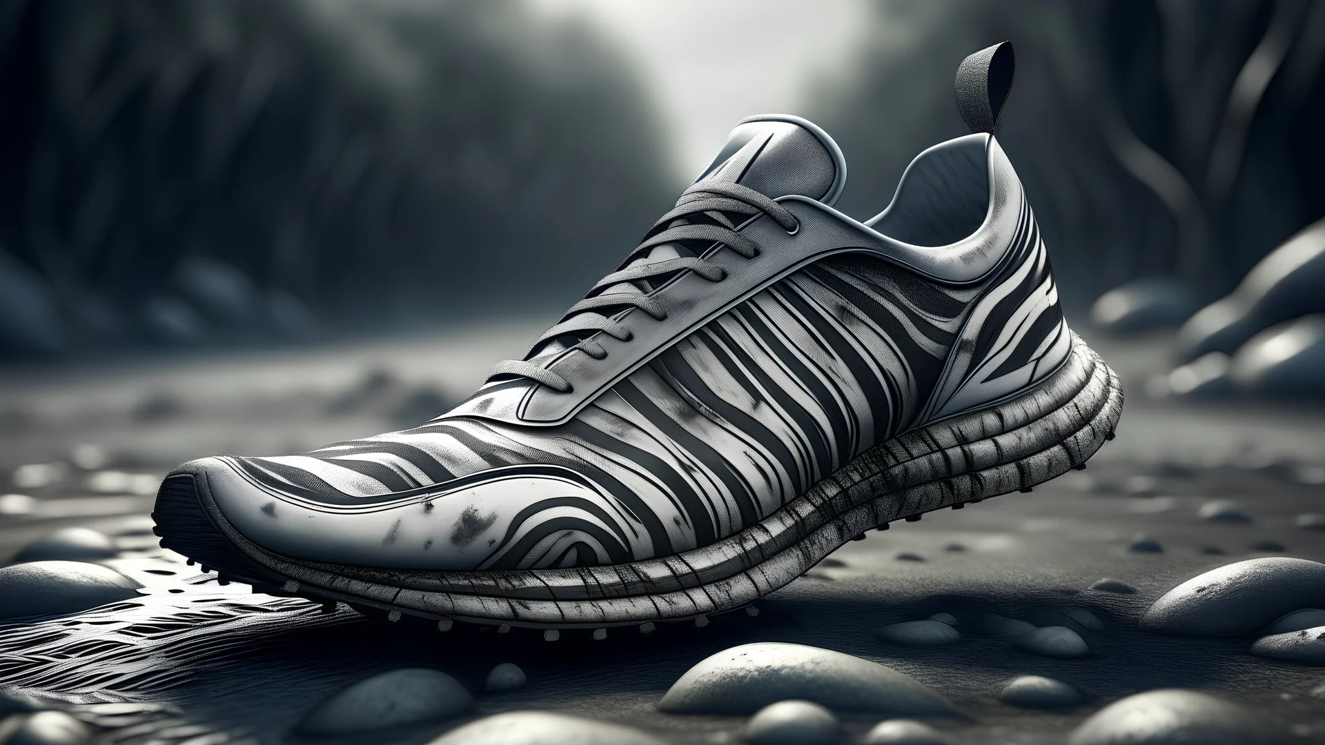 Fotorealtà delle splendide scarpe da RUNNING IN OF ROAD a forma di ZEBRA di lee jeffries, 8k, dettagli elevati, rendering fluido, unreal engine 5, cinema 4d, HDR, effetto LUCIDO, colori BRILLANTI