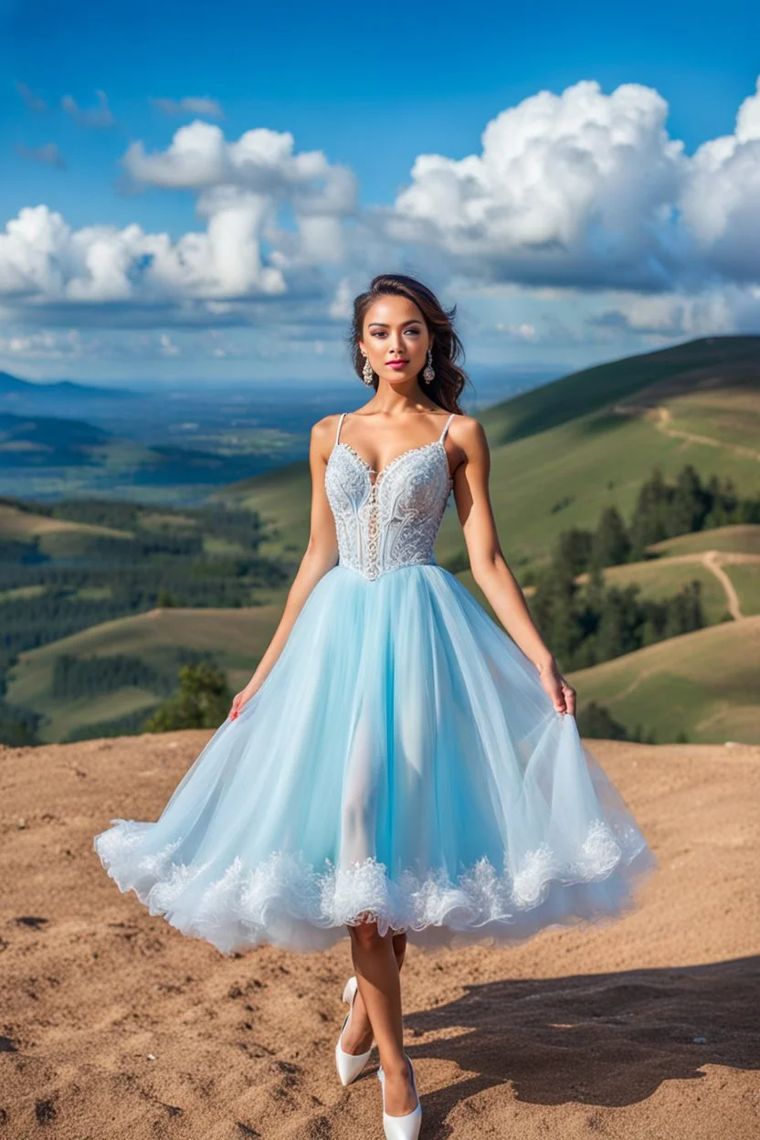 full-body closeup shot of a young, beautiful girl with a perfect face and makeup,wearing pretty dance dress standing in a stage in open air nice hills , blue sky ,pretty clouds at distant