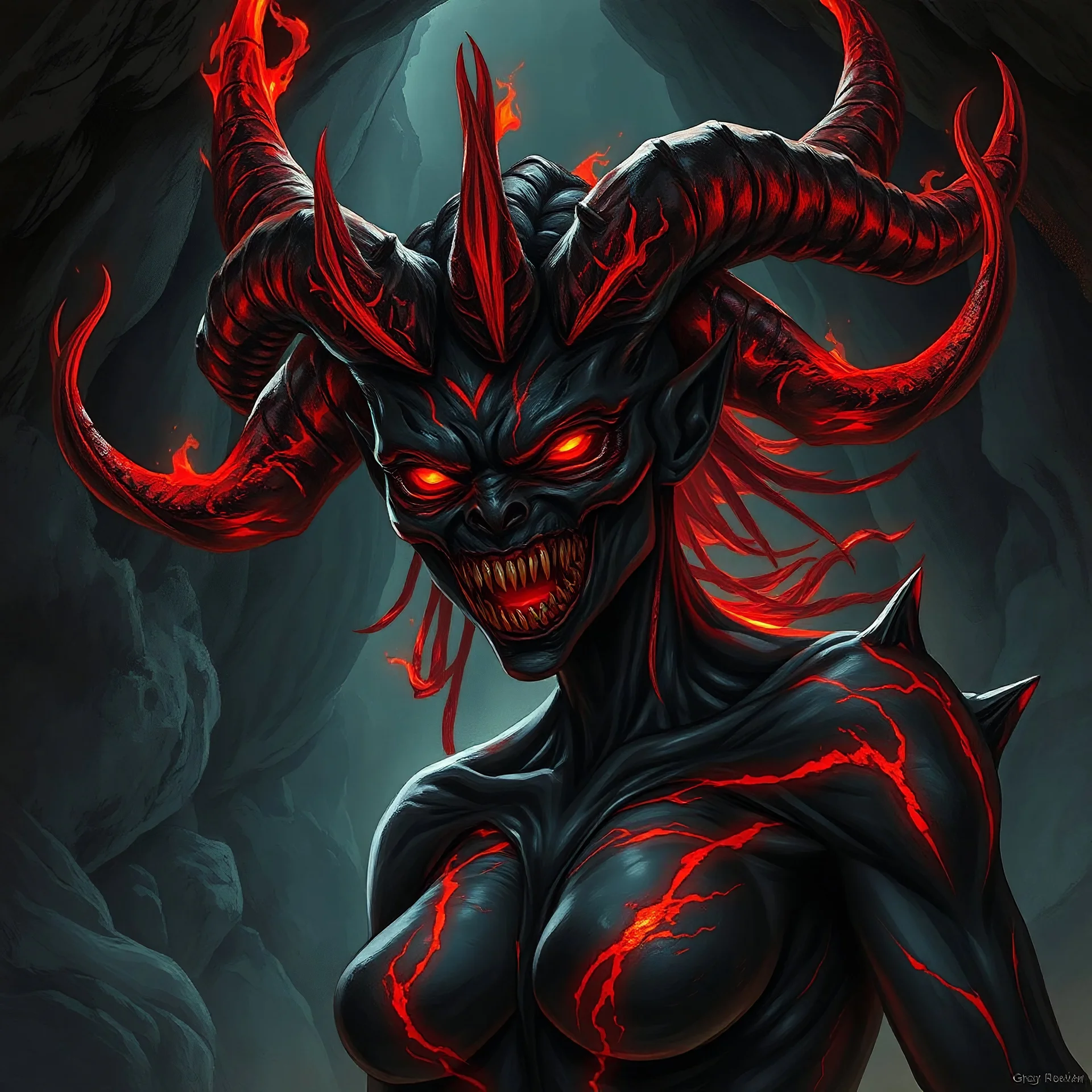 A female eldritch horror being, skin like obsidian with streaks of magma shining through, rows of sharp teeth, long flaming horns, greg rutkowski, anime, intricate details, cave setting