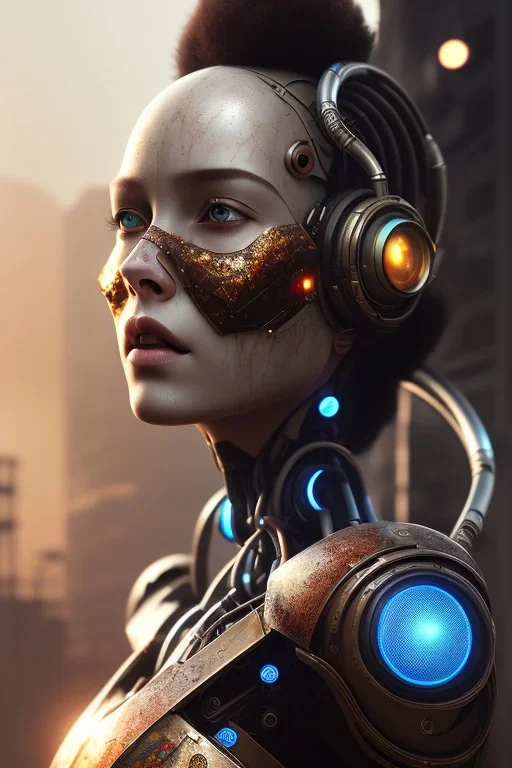 portrait,beautiful brown hair african robot, post-apocalyptic in a cyberpunk city, realistic, intriacte detail, sci-fi fantasy style, volumetric lighting, particales,highly detailed,cinamatic, deep colours,8k