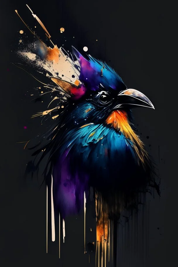 abstract painting, watercolor, full color, black background, 8k resolution, splashed, varied brushstrokes, bird head