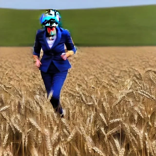 theresa may in robot armour, running through fields of wheat, sunshine, daytime, dystopian