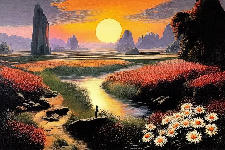 Beautiful epic sunset, logan's run 1976 movie influence, cosmic, people, rocks, holiday influence, river, flowers, very epic and philosophic, friedrich eckenfelder impressionism paintings