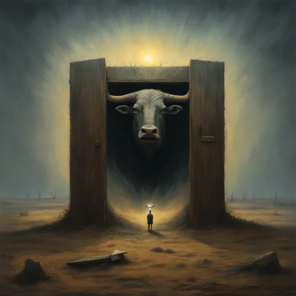 High concept art, horror movie aesthetic, by Zdzislaw Beksinski and Gabriel Pacheco, fine matte oil painting, in an empty field guarding a surreal standalone wooden doorway revealing a portal of brilliant light is a fearsome minitour holding an axe who has a television set on his head broadcasting a picture of a bull head, sinister, concept art, oddball masterpiece, sfumato, complex contrast,