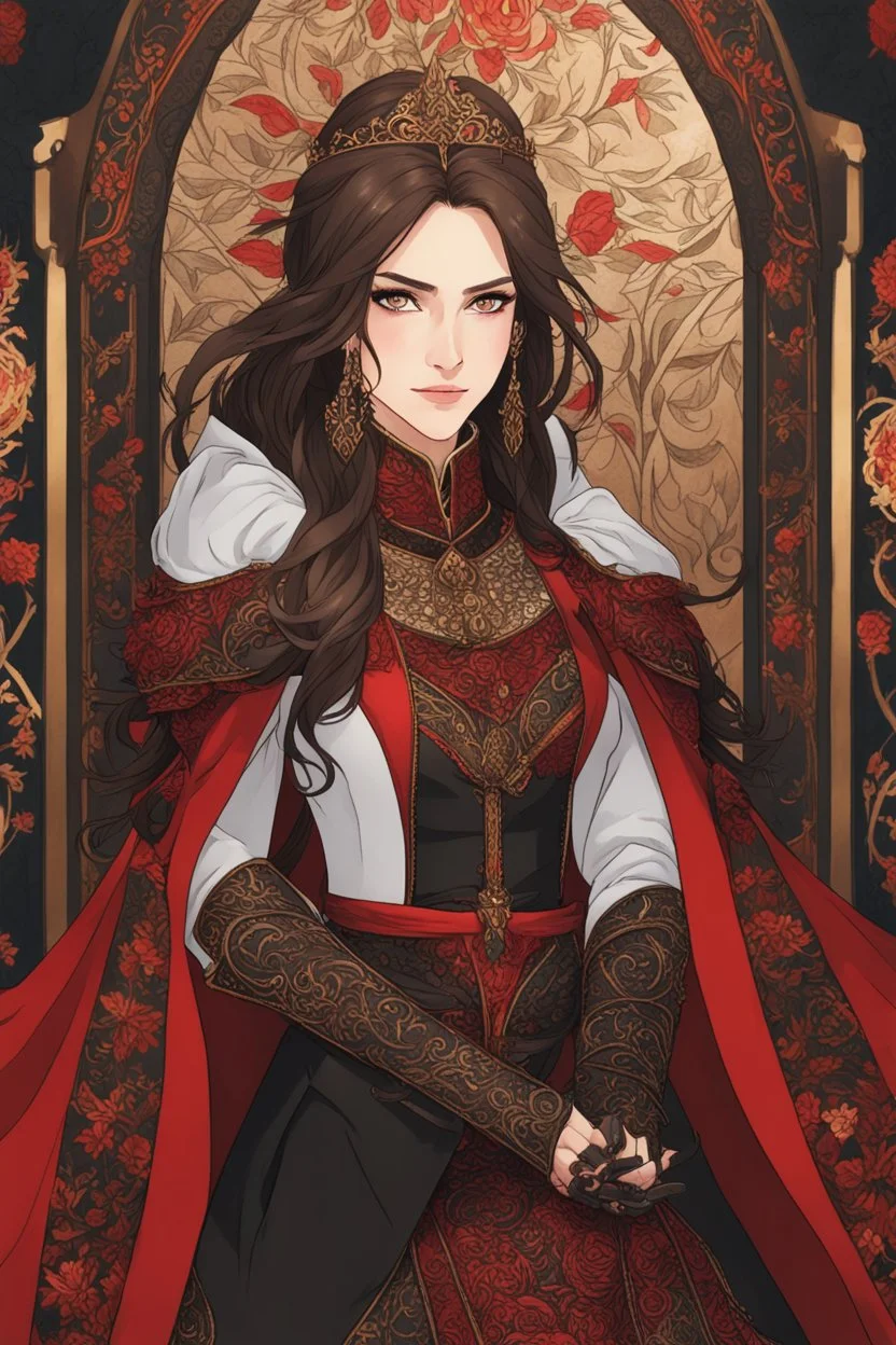 A (((beautiful woman with long, brown hair and red eyes))), in the Witcher universe, anime style, highly detailed, representing a (((royal medieval concubine))), clad in intricate ((red and black clothes)), set against a (detailed, anime-inspired backdrop)