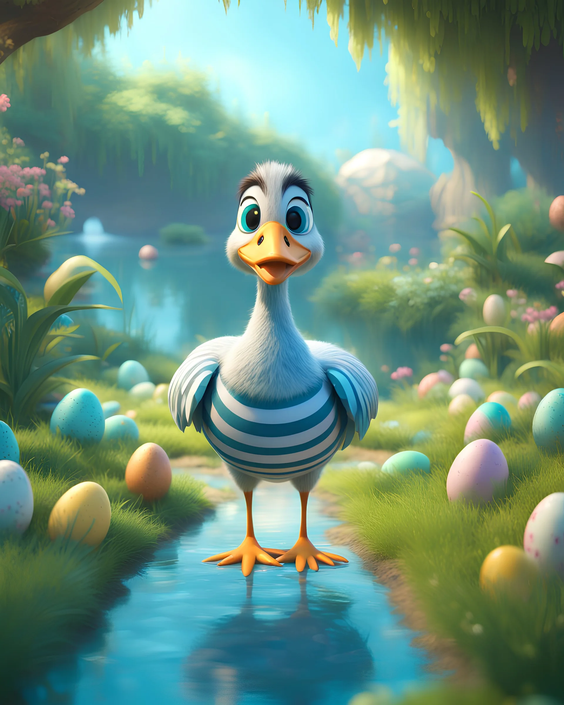 Easter holidays, Pixar art style cute smiling goose with big eyes, wearing striped suit and blue tie, in the Garden of Eden, stylized vegetation, turquoise water ground view, fog, super detailed, digital art, art station trend, cinematic lights , Unreal Engine 5 rendering, Octane rendering