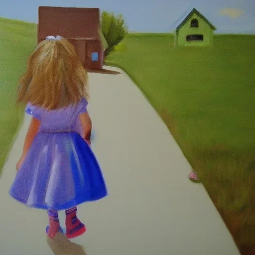 little girl walking out og the house painting