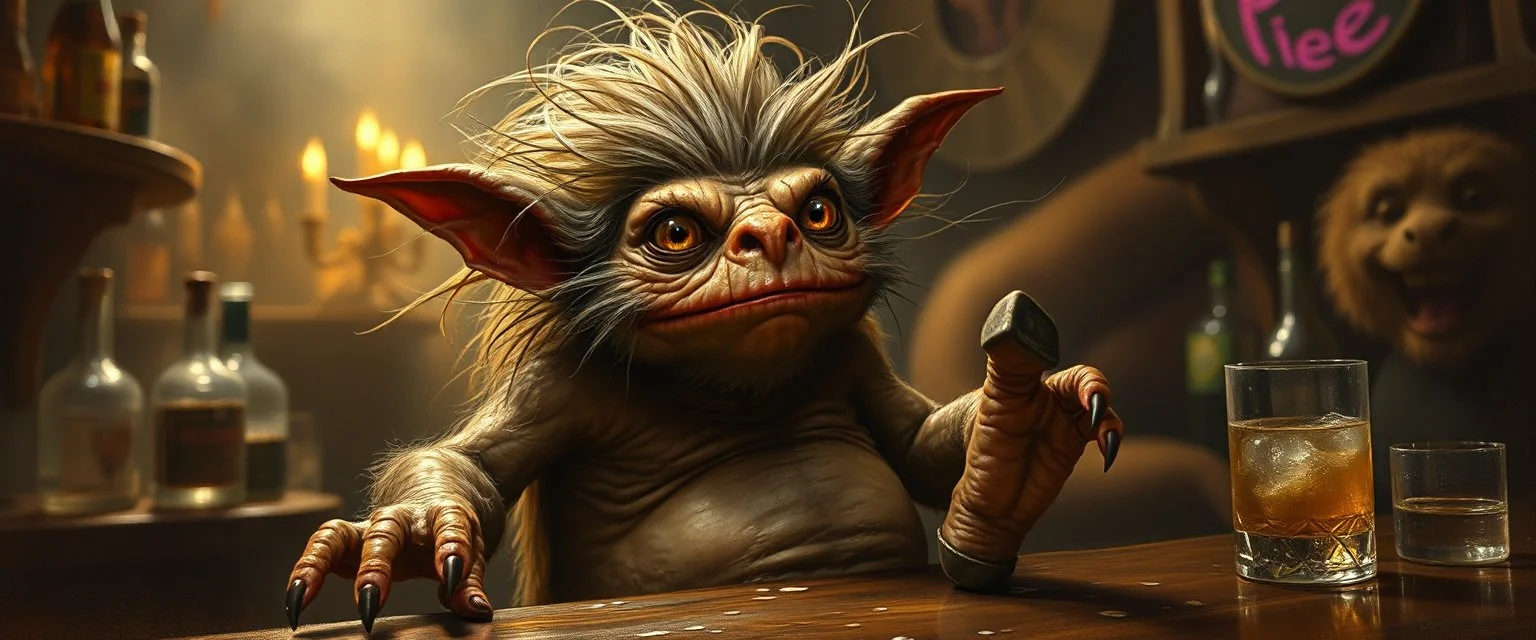 hårete gremlin slug bartender med vind i håret på fest aker ned sklie malt av Rembrandt