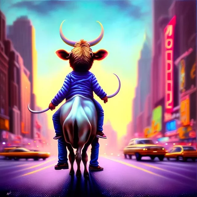 A one-year-old boy rides on the cow in the middle of a busy street in new york. photographic, bright colors and sunset, fantasy art, Anna Dittmann, digital painting, dan mumford, oil on canvas, jeff koons, akihito yoshida, wlop, kodachrome.