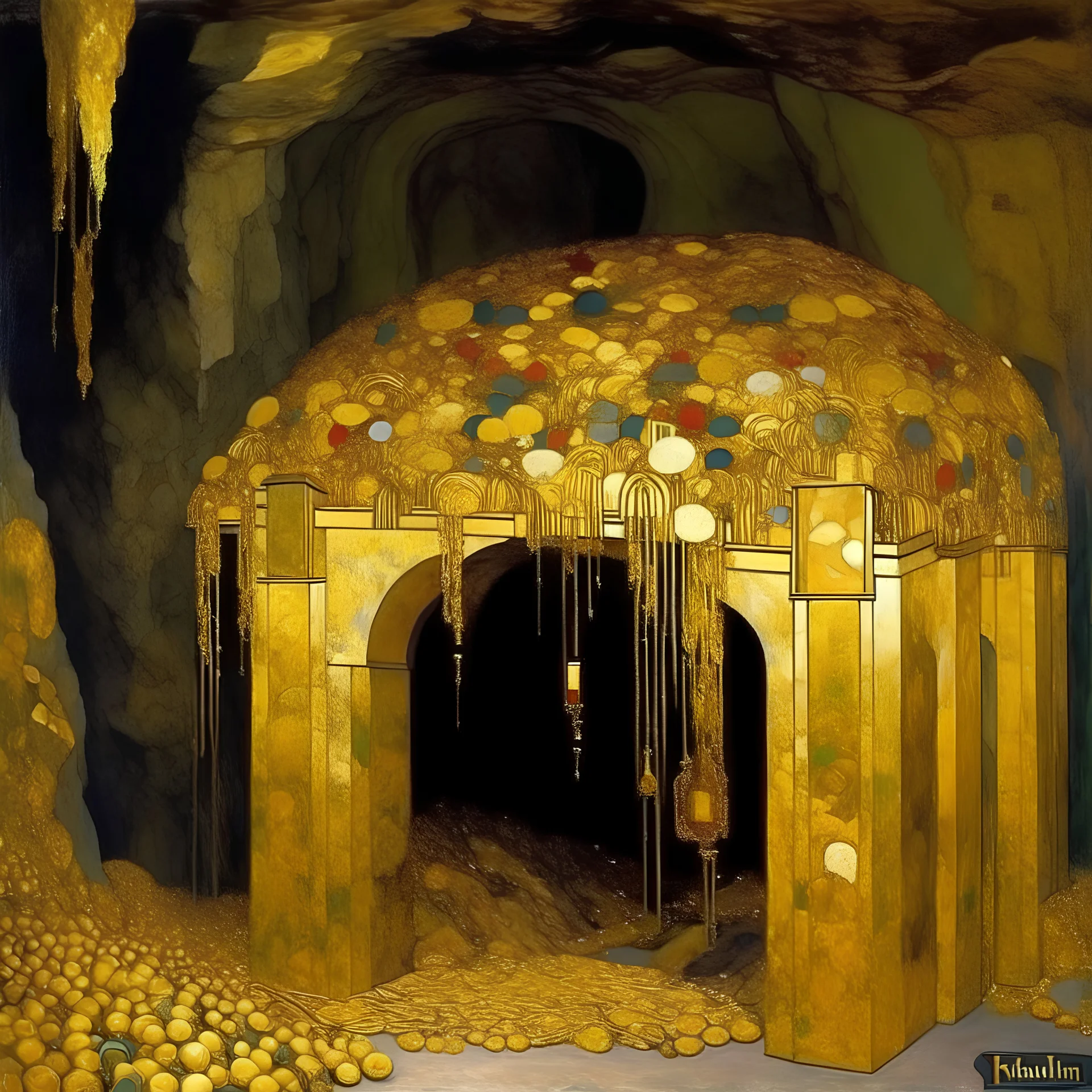 A cave with piles of gold painted by Gustav Klimt