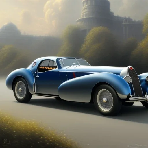 hyperrealism Drawing of '1936 Bugatti Type 57SC Atlantic' three quarter frontal aerial view, by gaston bussiere, greg rutkowski, yoji shinkawa, yoshitaka amano, tsutomu nihei, donato giancola, tim hildebrandt,oil on canvas, cinematic composition,Sharp detail,extreme detail,fit full head inside picture,16k