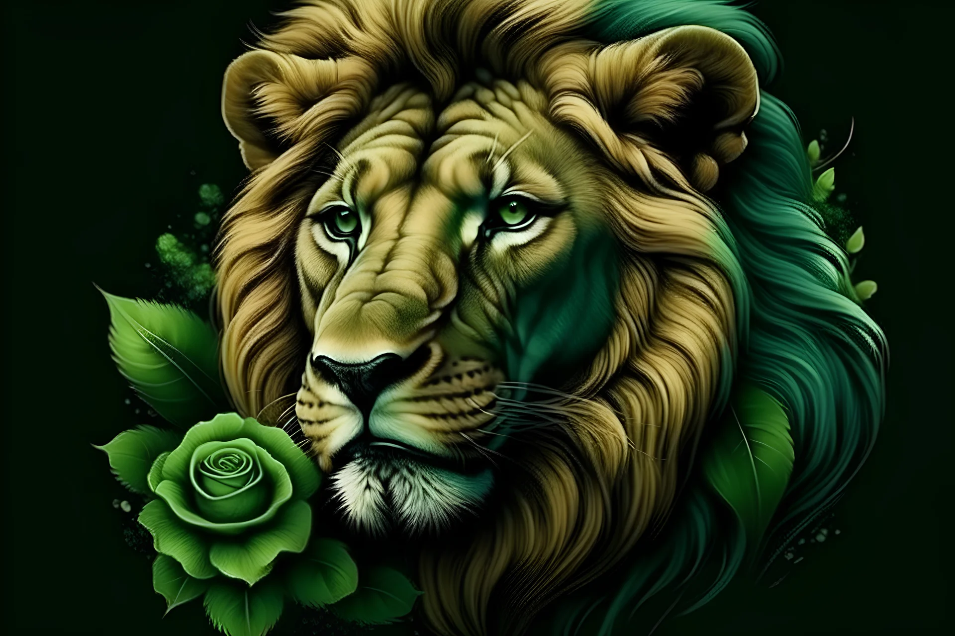 realistic lion in green roses Fierce. Beautiful