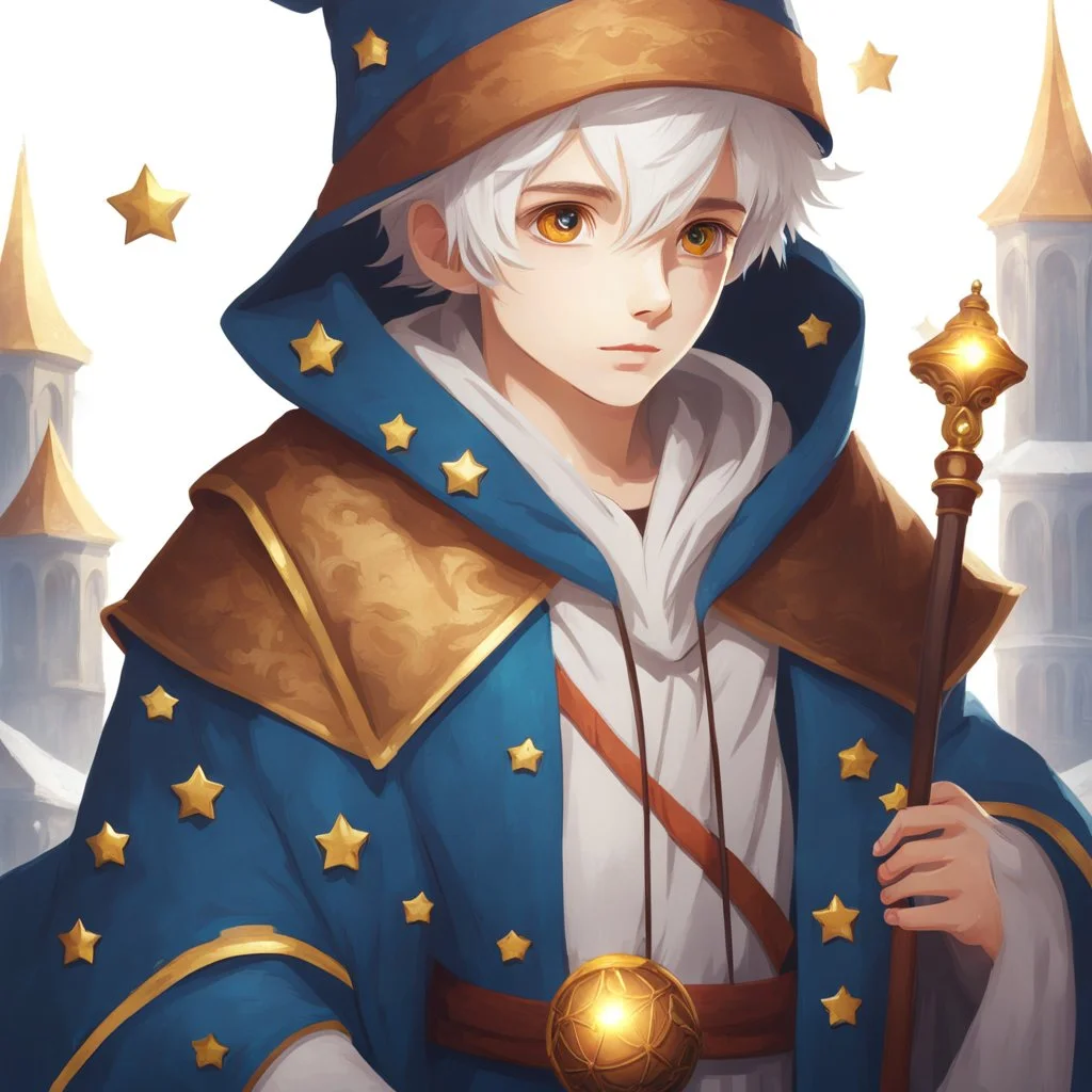 4K, Fantasy World, A boy only wearing a closed wizards robe, and wearing a wizards hat. White Hair. Golden Eyes with no pupils.