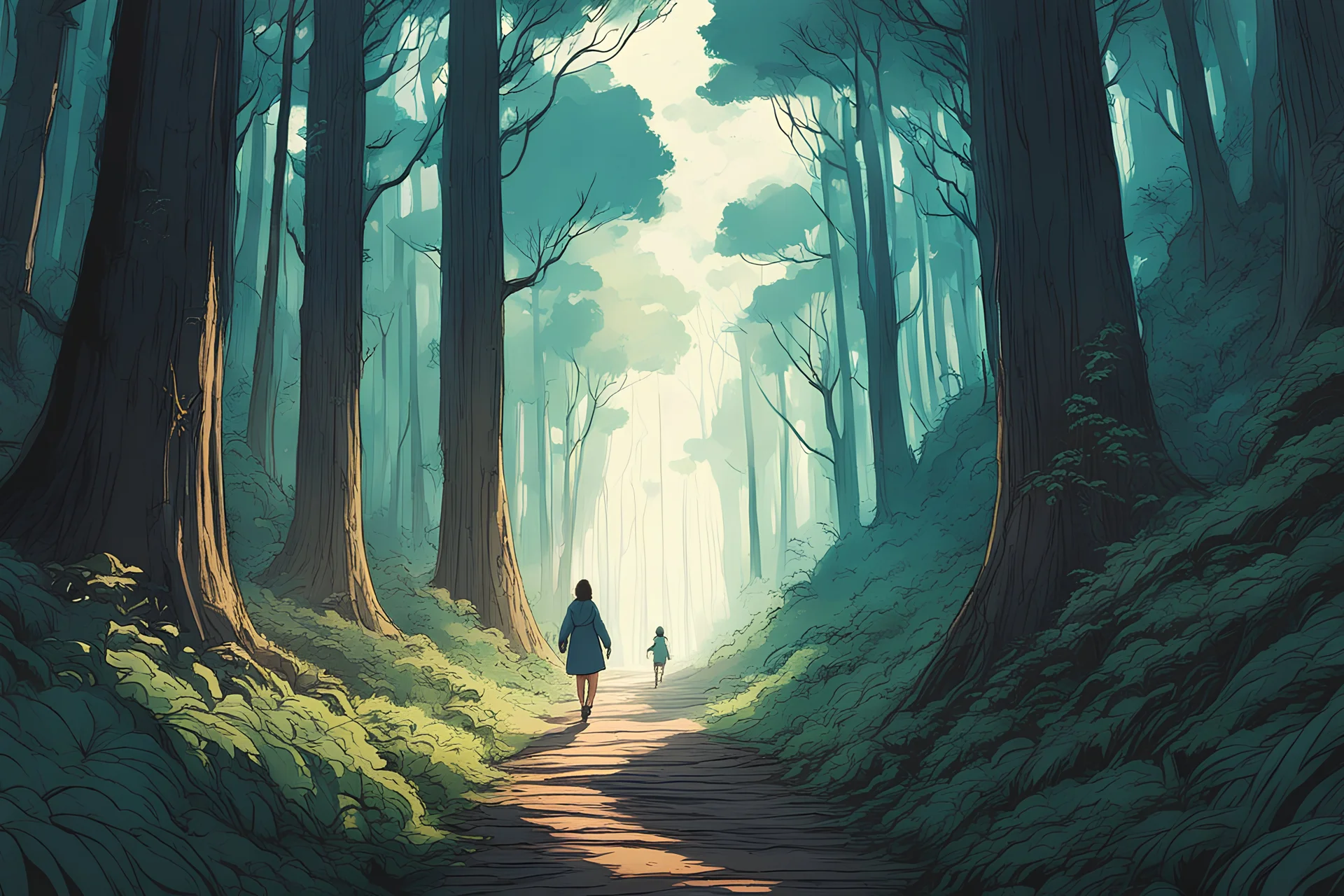 a lone woman trekking through a spirit haunted forest pierced by shafts of morning light , art in the style of spirited away, studio ghibli, 8k , finely detailed and precise line work