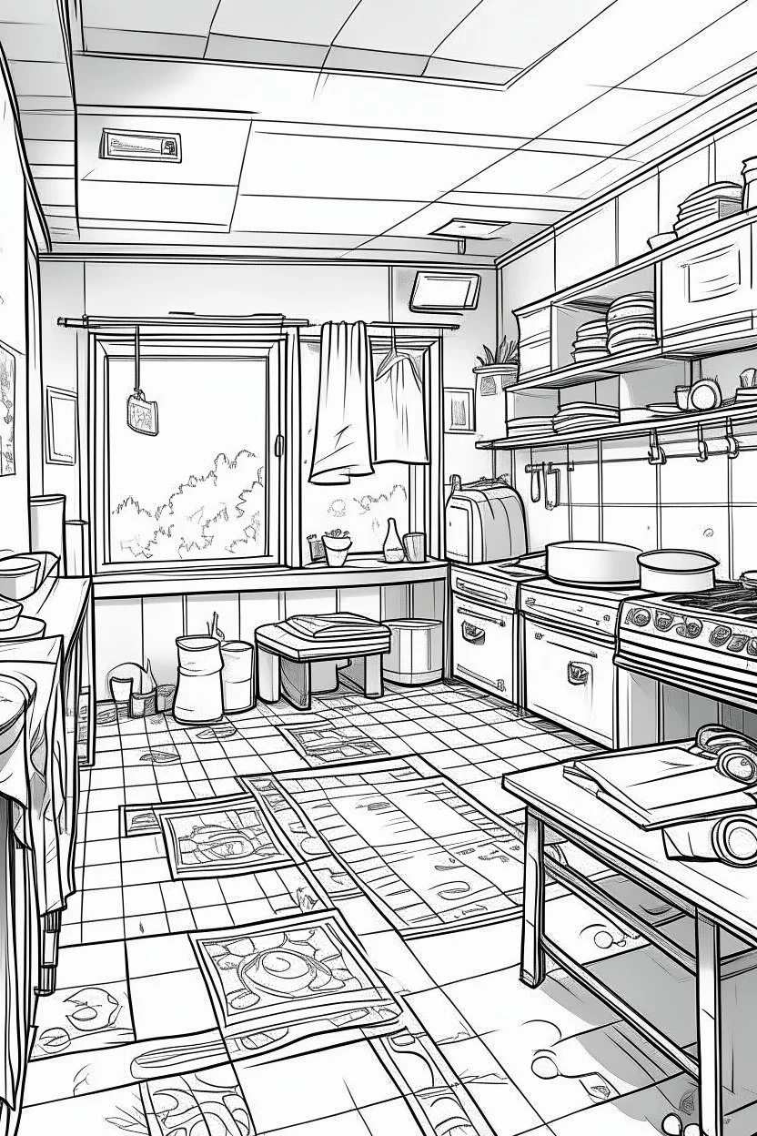 Outline art, house design, laundry room, no shading, no lines, cartoon style, --ar 9:11