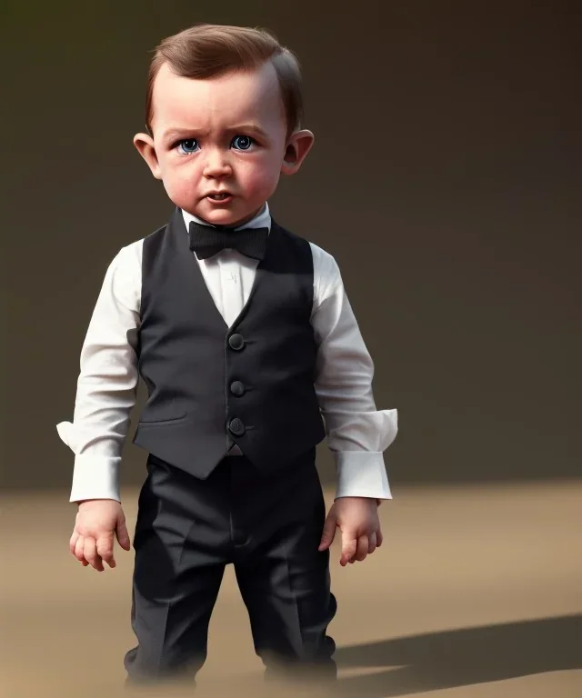 James bond toddler, full body, dramatic lighting, hyper realistic