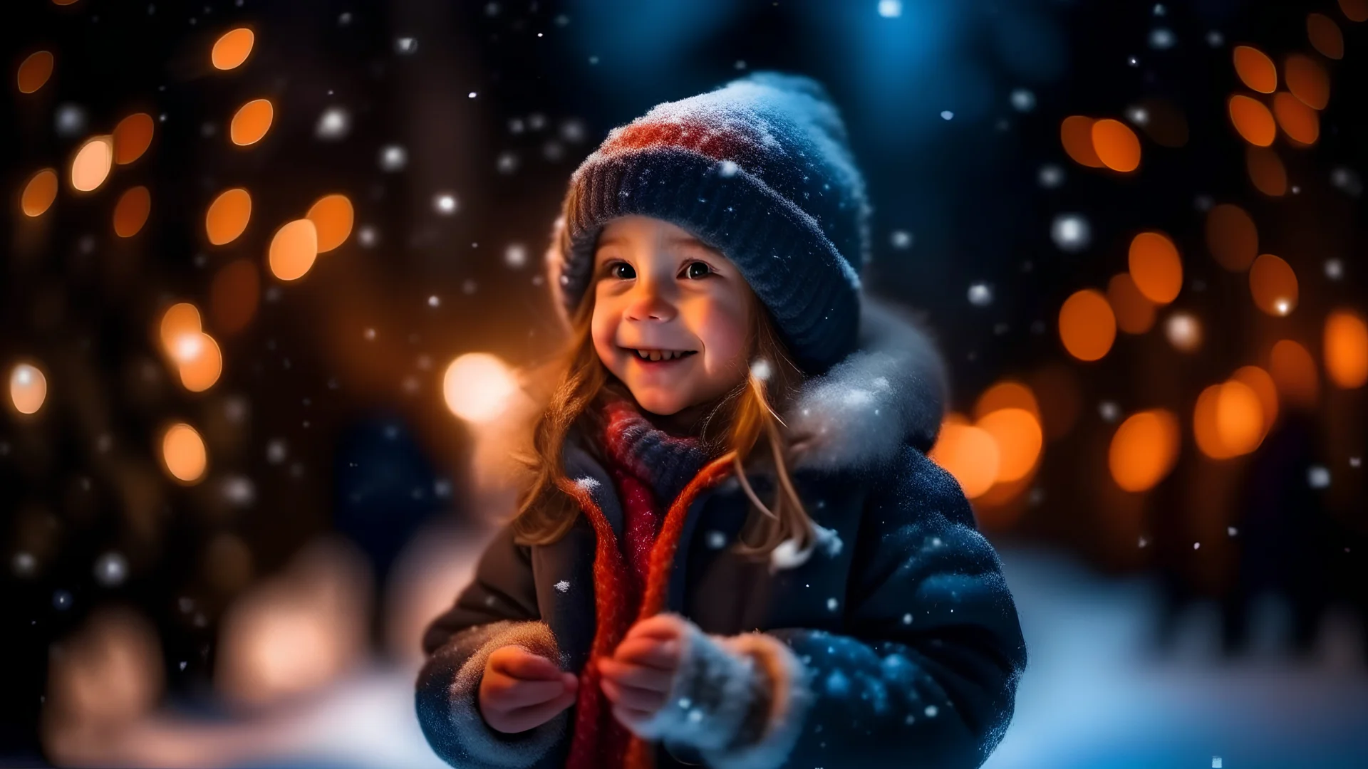 Little girl with christmas lights enjoying the holidays outdoors in snowfall. Happy cute child girl playing with Chistmas festive lights. digital ai