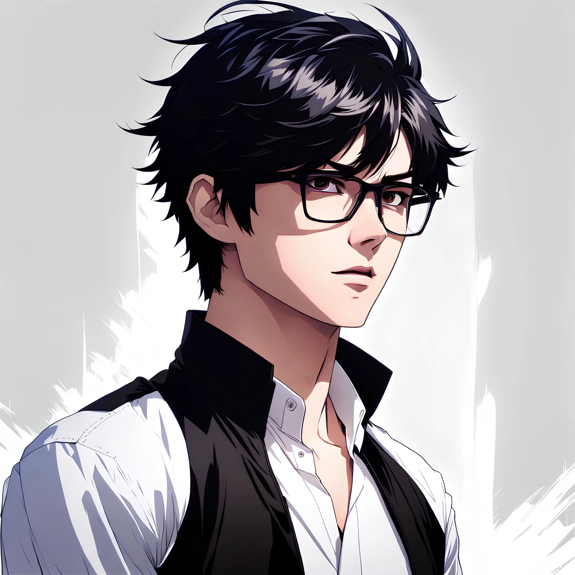 mysterious youthful Russan male, man, dark and intriguing, confident, intense, handsome, anime style, retroanime style, dark black short hairs, white shirt, white paint background, glasses for vision, white man,
