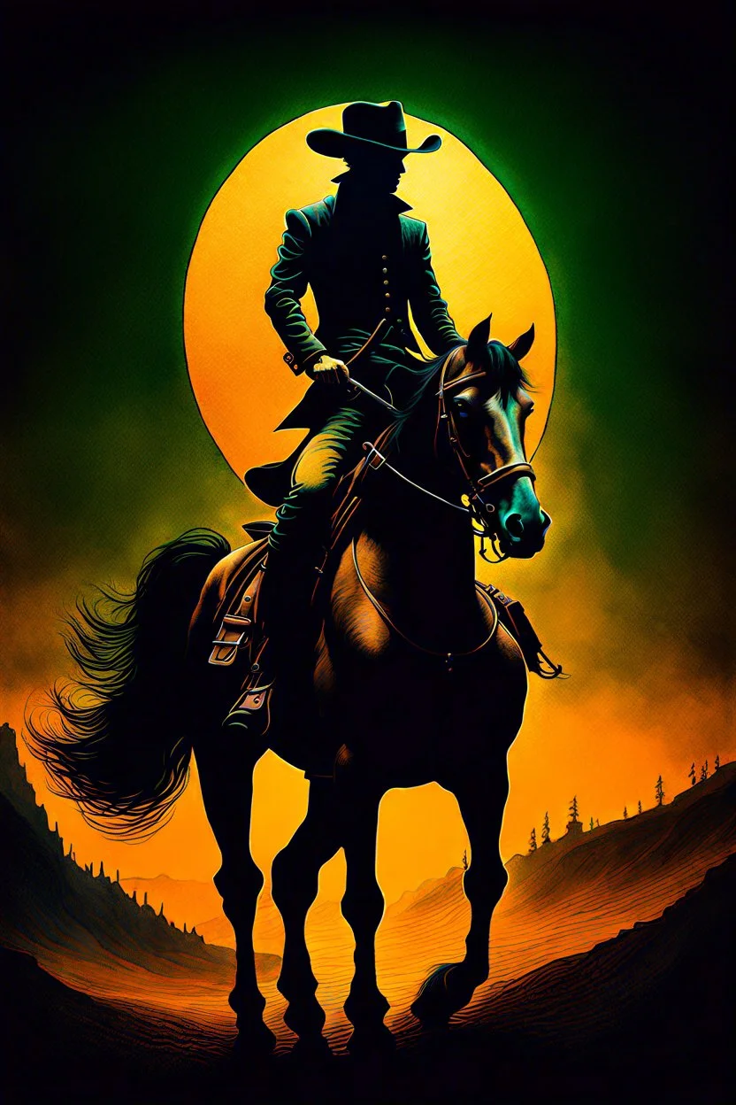 A surreal cowboy on a horse in the style of Zdzislaw Beksinski, and Yves Tanguy, , dark luminous colors and aesthetic.