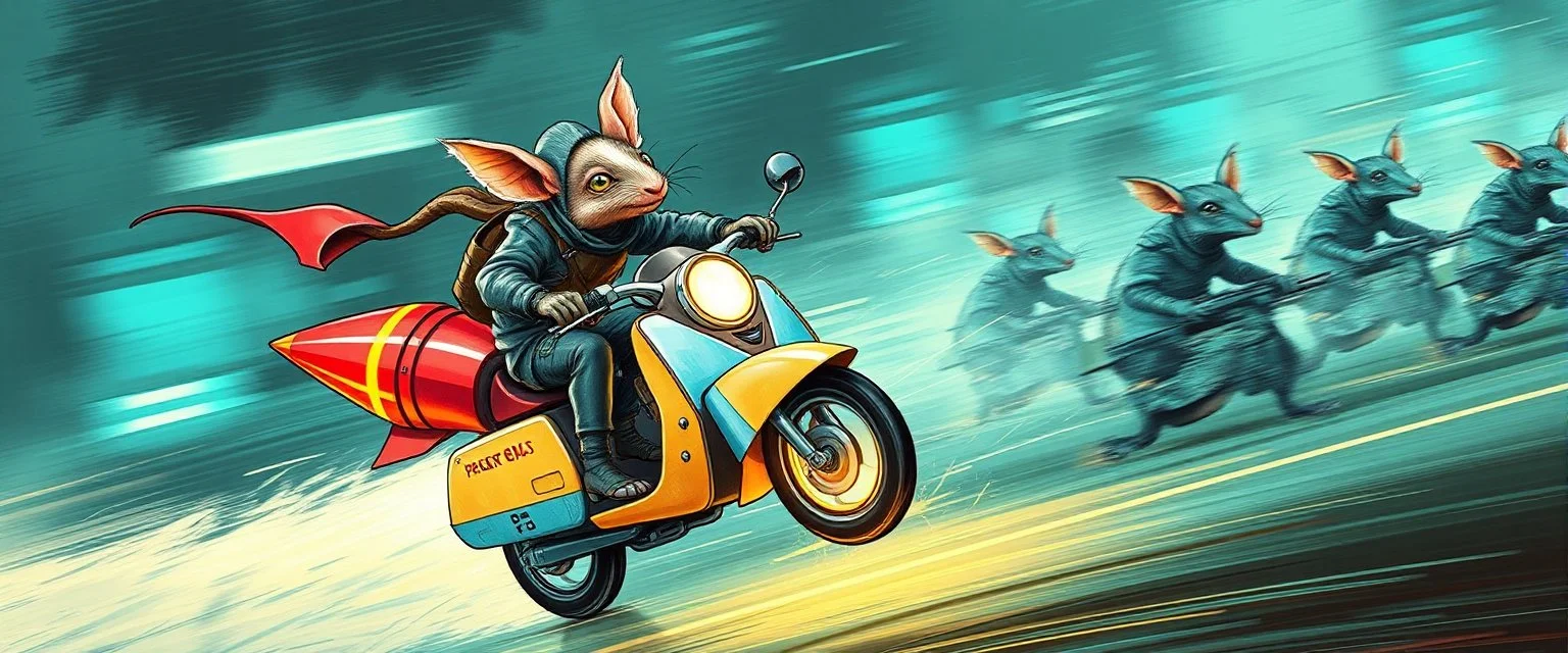 hi speed rocket ship on leaning scooter in a swing, coated rat gremlin captain in high speed pursuit among neon rat cyber soldiers, with background motion blur, airbrush and pen outline