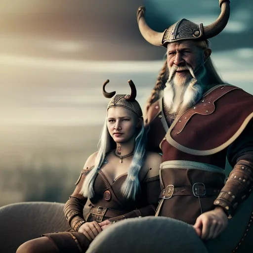 Viking theme, a younger woman sitting next to a 50-year-old man, portrait, 8K, close-up face, anatomically perfect face, Highly detailed stunning full frame portrait, misty and cloudy atmosphere