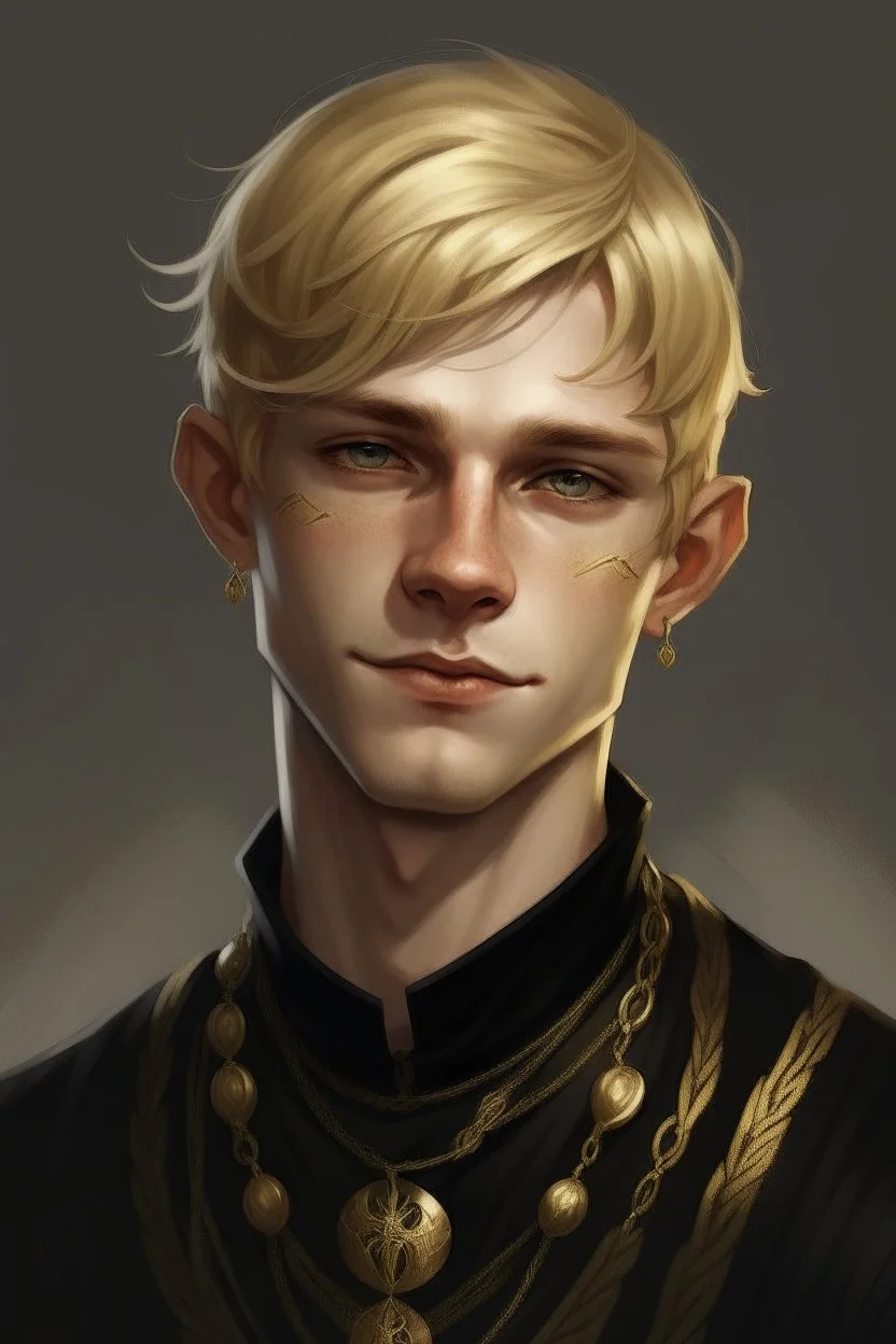 A young half elf man with White-Blonde, short hair, black eyes, dressed in black and gold with lots of jewelry, hero 30 years old