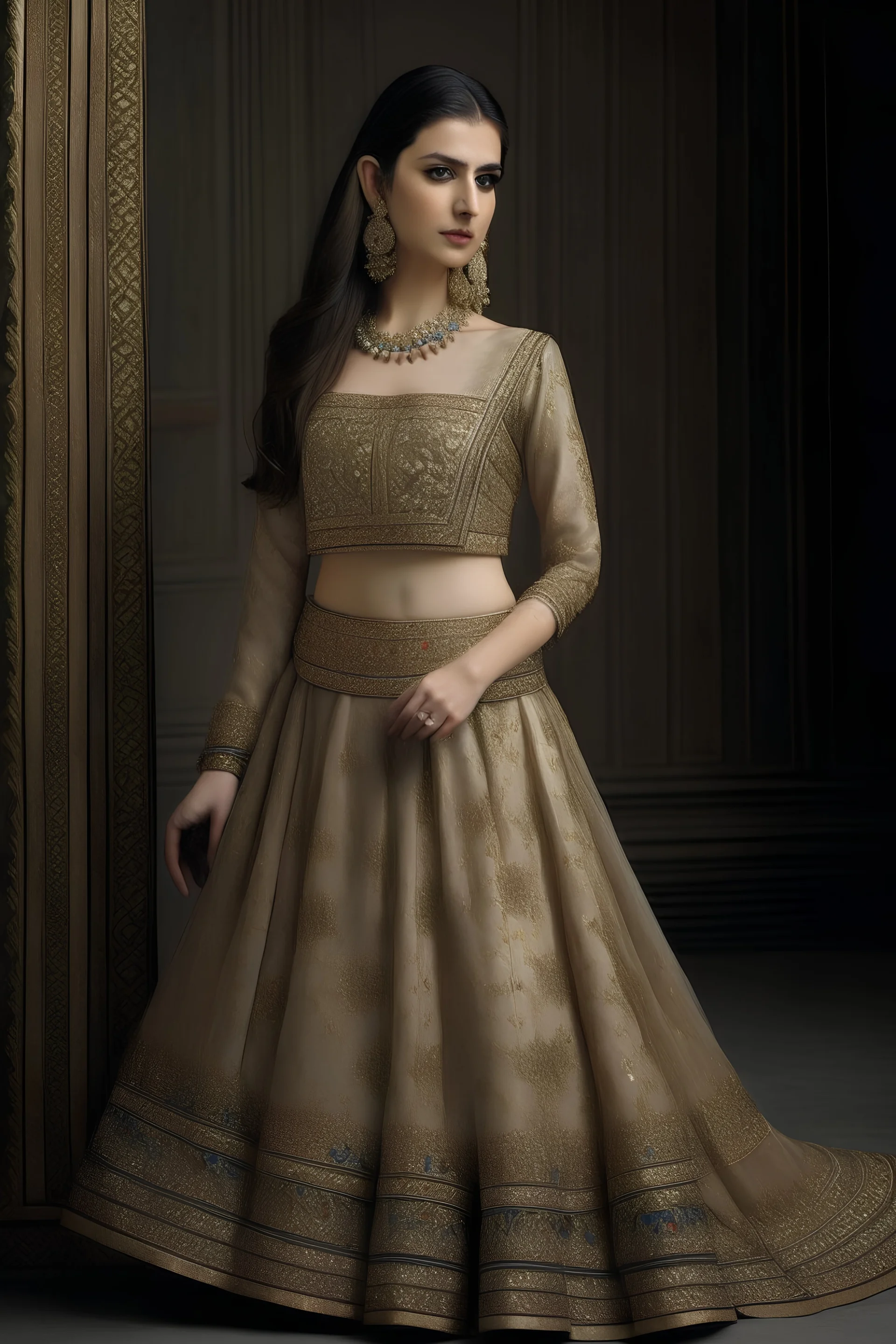 This lehenga is perfect for a wedding or other special occasion. It is made of a luxurious silk fabric and features a flared skirt and a fitted choli. The skirt is embellished with intricate embroidery and beadwork all over. The choli is also embellished with embroidery and beadwork at the neckline and cuffs.